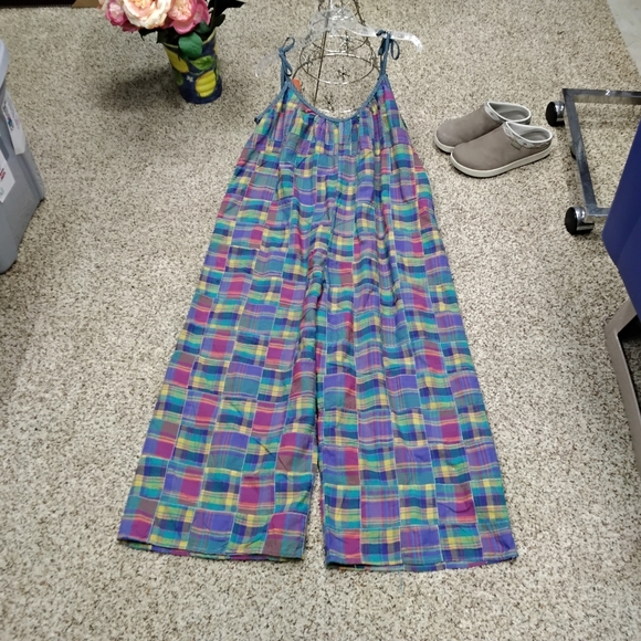 Handmade Pants - 3999 Size Large Petite Sleeveless Plaid Wide-Leg Jumpsuit - Multicolor
